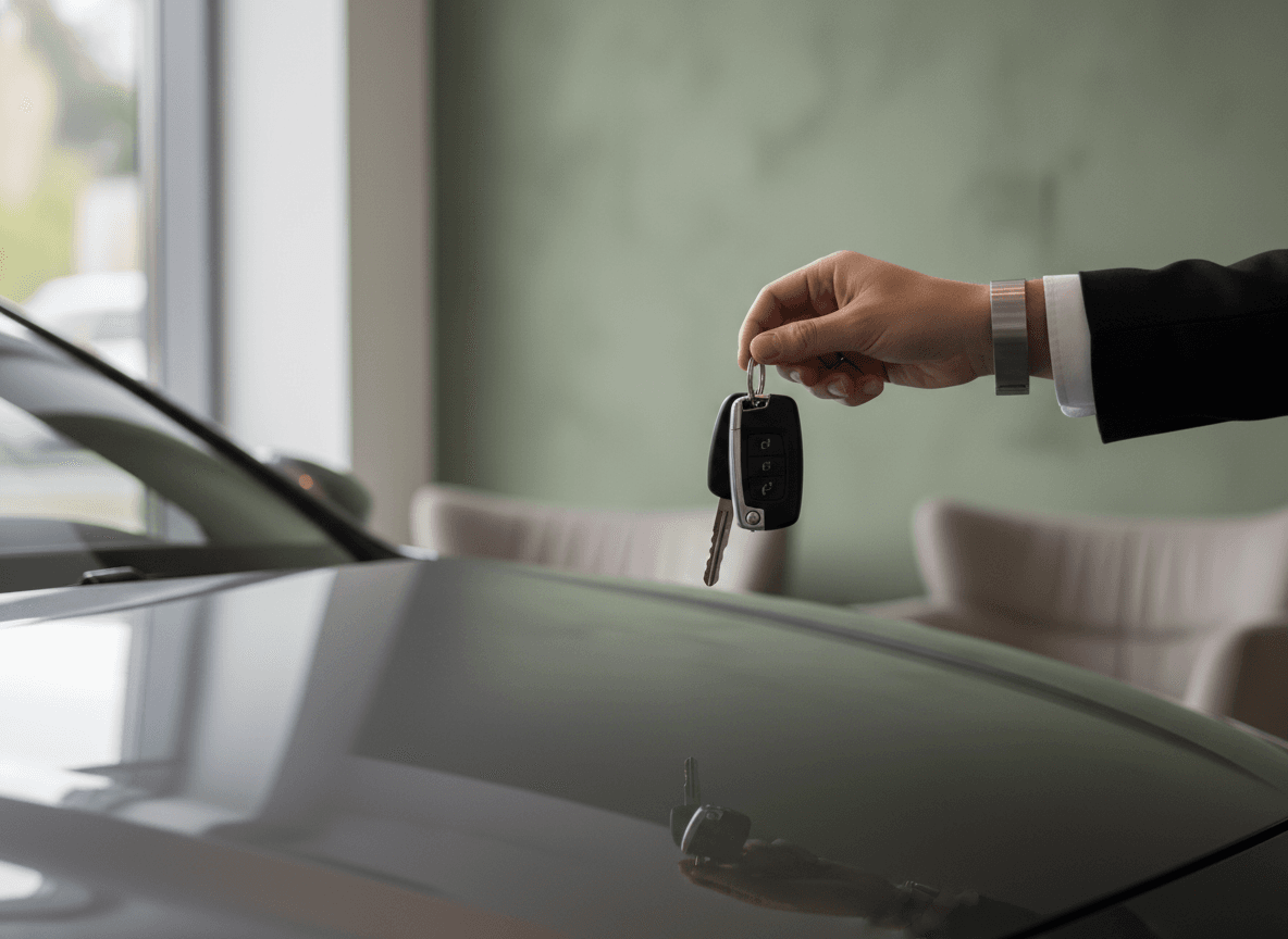 Car keys being handed over above a polished charcoal bonnet