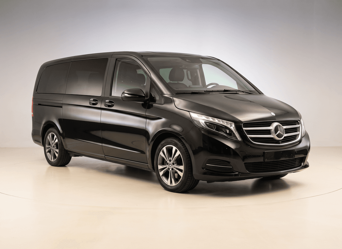 Black Mercedes-Benz V-Class people carrier in a pale studio