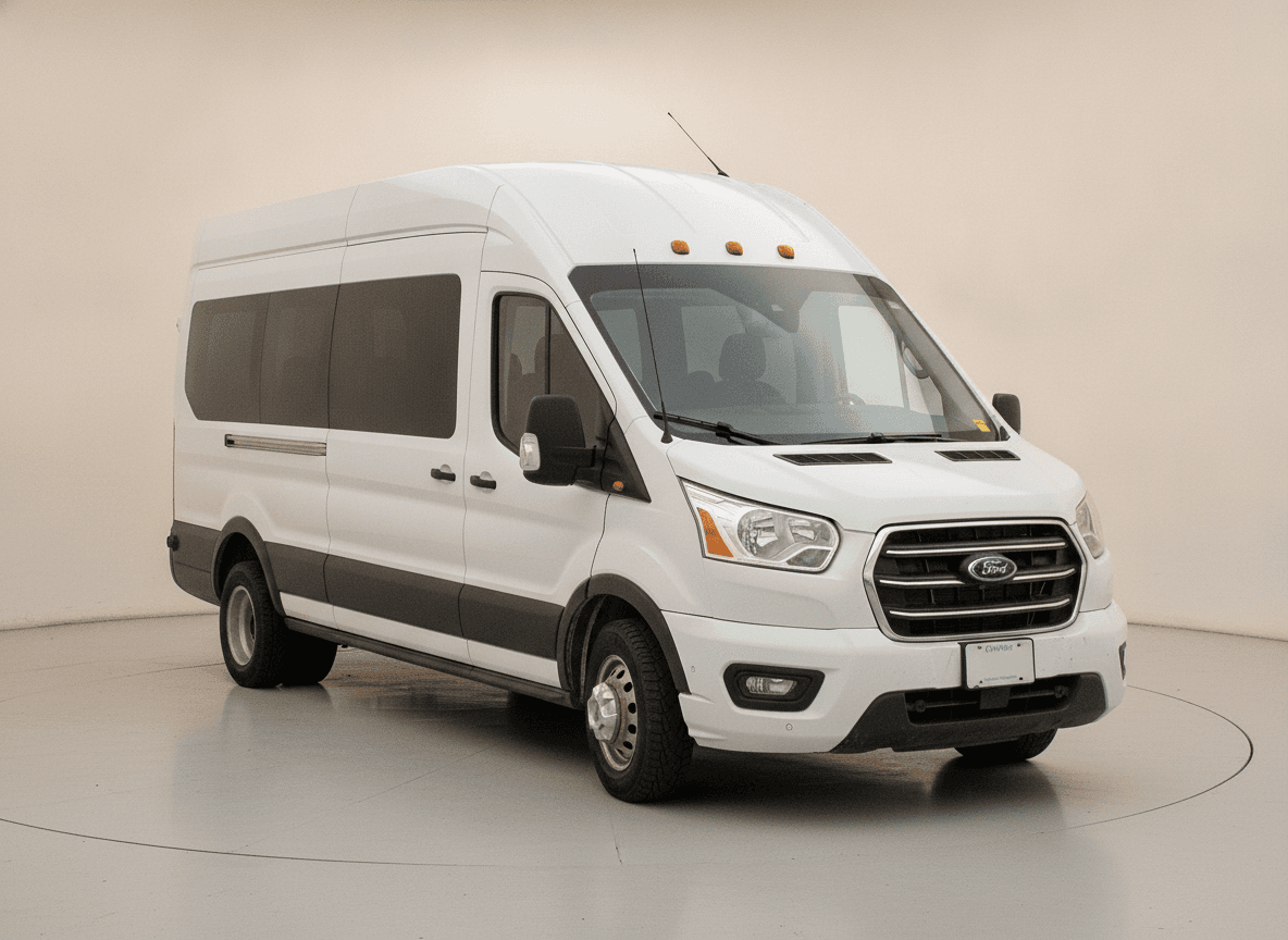 White Ford Transit van in a pale studio