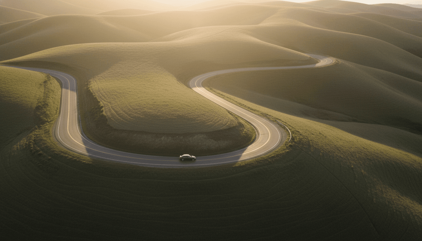 A single car on a winding road through rolling green hills at golden hour